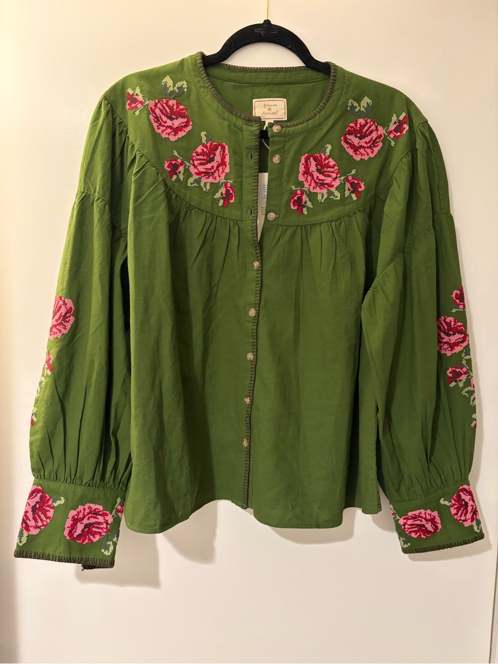 Sezane x Baziszt Orla Shirt in Bamboo Green with Floral Embroidery Size 44/12 - Picture 5 of 8